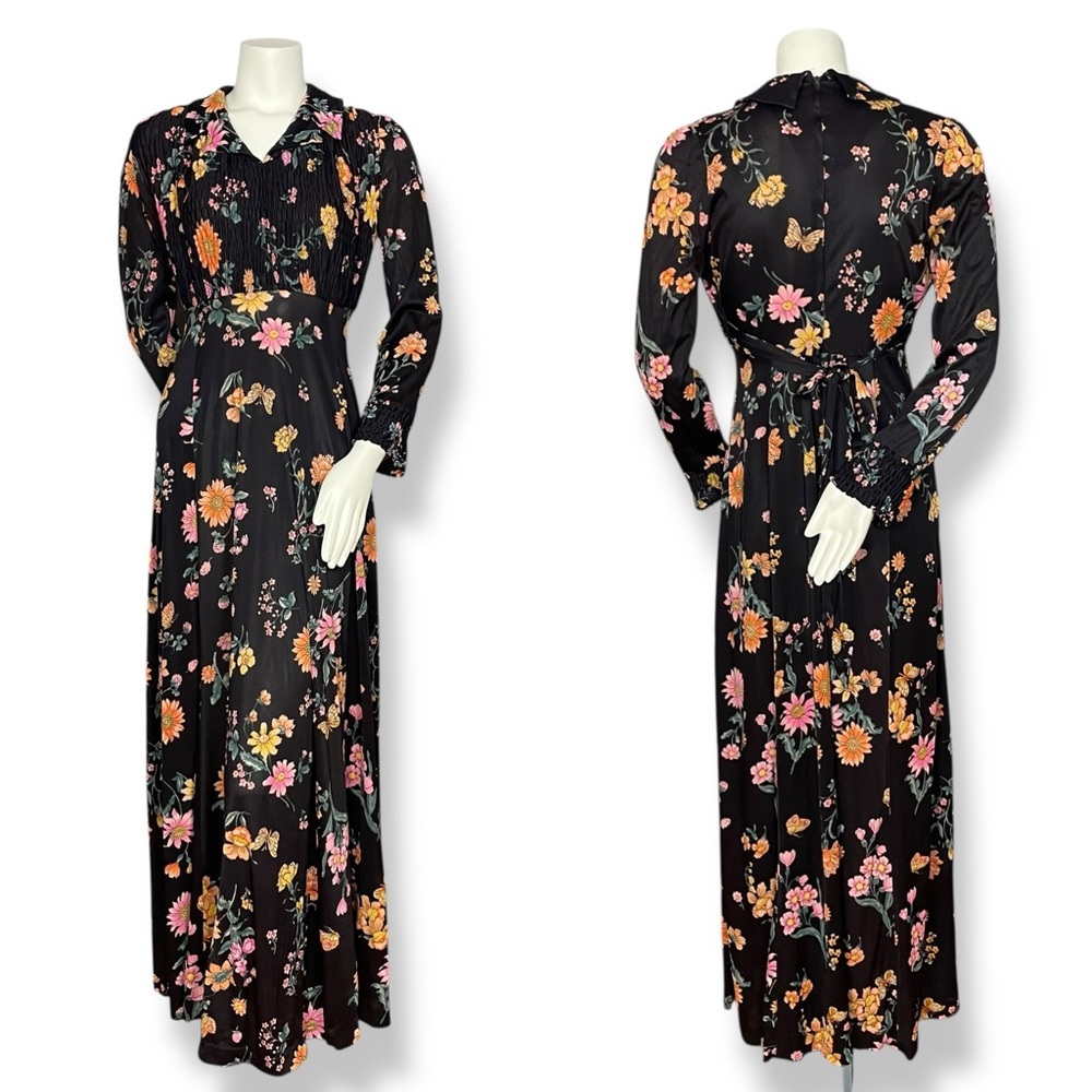 Vintage 1970s Maxi Dress FLAWS Wounded Bird Black Long Sleeve Retro Women Smock